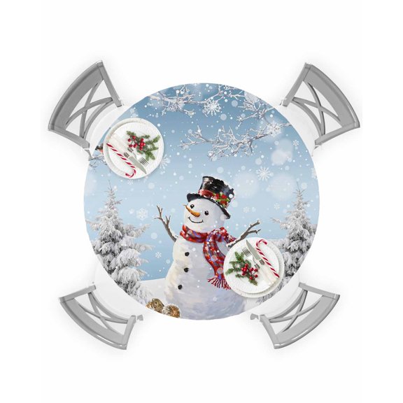 Round Tablecloth with Elastic Christmas Wnter Snowman Looking at Robin Squirrel Snowflakes Waterproof Table Cover Wipeable Fitted Table Cloths for 36"-44" Round Tables Dining Kitchen