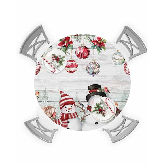 Round Tablecloth with Elastic Christmas Xmas Elk Ball Snowman Poinsettia Berry Wood Plank Waterproof Table Cover Wipeable Fitted Table Cloths for 55"-60" Round Tables Dining Kitchen