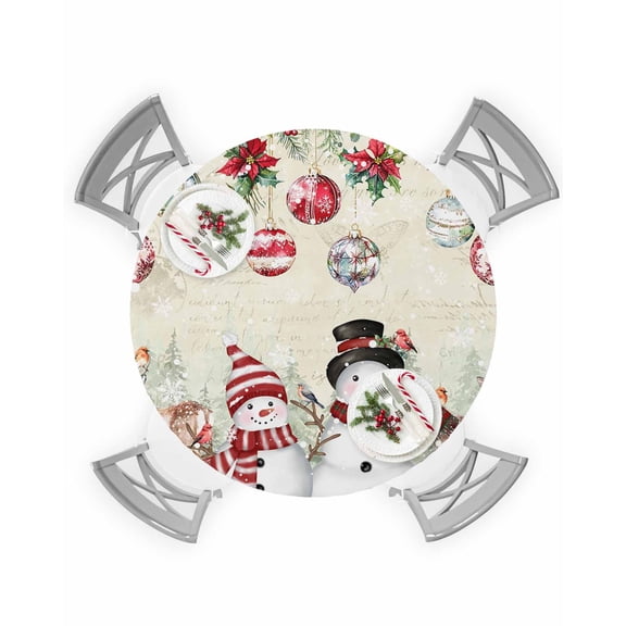 Round Tablecloth with Elastic Christmas Xmas Elk Snowman Robin Bird Poinsettia Retro Letter Waterproof Table Cover Wipeable Fitted Table Cloths for 45"-54" Round Tables Dining Kitchen