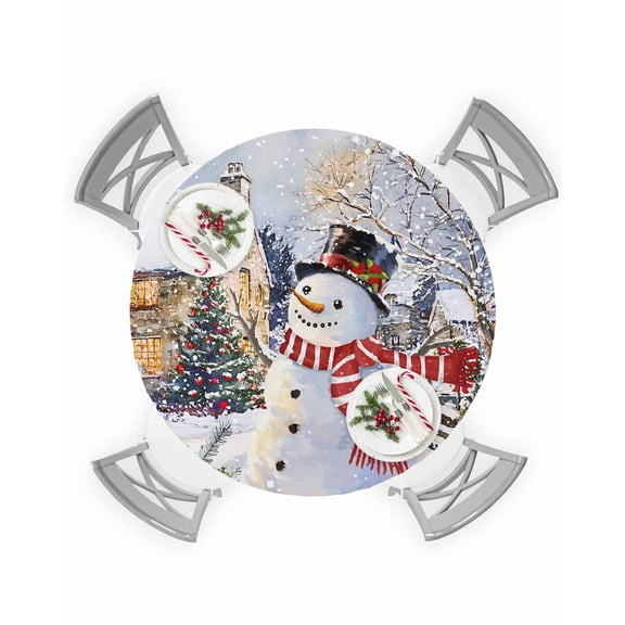 Round Tablecloth with Elastic Christmas Xmas Tree Night Snowman Winter Robin Bird Waterproof Table Cover Wipeable Fitted Table Cloths for 55"-60" Round Tables Dining Kitchen Indoor Outdoor Use
