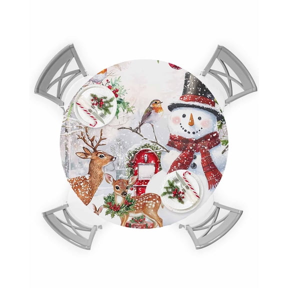 Round Tablecloth with Elastic Christmas Xmas Tree Snowman Deer Robin Bird Red Balls Waterproof Table Cover Wipeable Fitted Table Cloths for 55"-60" Round Tables Dining Kitchen Indoor Outdoor Use