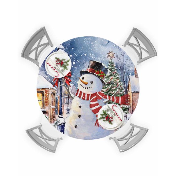 Round Tablecloth with Elastic Christmas Xmas Tree Snowman Winter Scene Robin Bird Waterproof Table Cover Wipeable Fitted Table Cloths for 36"-44" Round Tables Dining Kitchen Indoor Outdoor Use