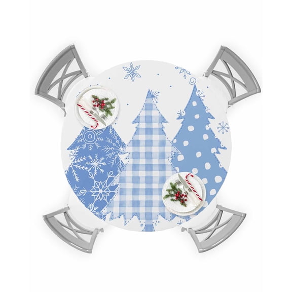 Round Tablecloth with Elastic Chsitmas Blue Xmas Tree Winter Snowflake Waterproof Stain-proof Table Cover Wipeable Fitted Table Cloths for 55"-60" Round Tables Dining Kitchen Indoor Outdoor Use
