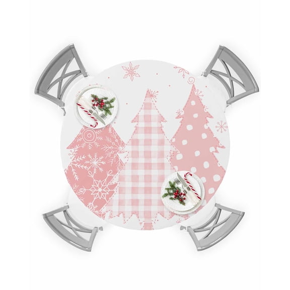 Round Tablecloth with Elastic Chsitmas Pink Xmas Tree Winter Snowflake Waterproof Stain-proof Table Cover Wipeable Fitted Table Cloths for 45"-54" Round Tables Dining Kitchen Indoor Outdoor Use