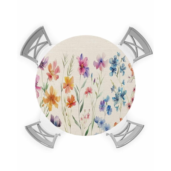 Round Tablecloth with Elastic Colorful Flowers Watercolor Floral Plants Retro Linen Waterproof Stain-proof Table Cover Wipeable Fitted Table Cloths for 36"-44" Round Tables Dining Kitchen