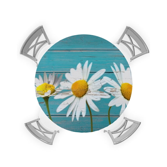 Round Tablecloth with Elastic Daisies on Old Turquoise Wooden Boards Flowers Waterproof Stain-proof Table Cover Wipeable Fitted Table Cloths for 36"-44" Round Tables Dining Kitchen