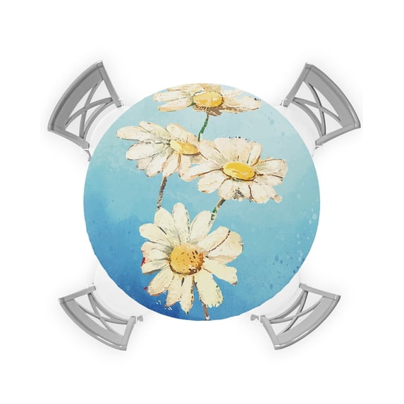 Round Tablecloth with Elastic Daisy Flower Blue Backgroud Waterproof Stain-proof Table Cover Wipeable Fitted Table Cloths for 45"-54" Round Tables Dining Kitchen