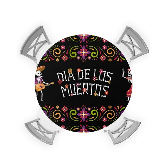 Round Tablecloth with Elastic Dead Day Dancing Skeleton Play The Guitar Flower Waterproof Stain-proof Table Cover Wipeable Fitted Table Cloths for 36"-44" Round Tables Dining Kitchen