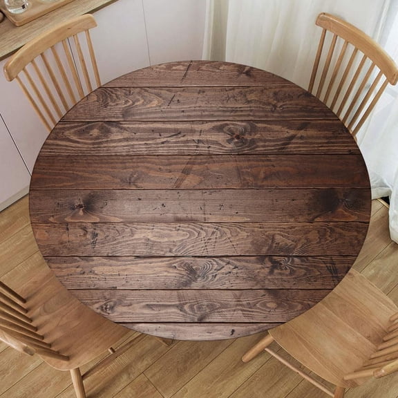 Round Tablecloth with Elastic Edge Distressed Wooden Floor Board Texture Background Table Cover for Kitchen Indoor Outdoor Dining Party, Fit for Diameter 38.2"-42.1" Round Table, Style 66