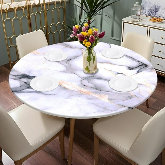 Round Tablecloth with Elastic Edge Protective, Wipeable Round Table Cloth, Waterproof Circle Table Cover, Decorative Circle Tablecloth for Kitchen Dining Room of 40Inch Diameter