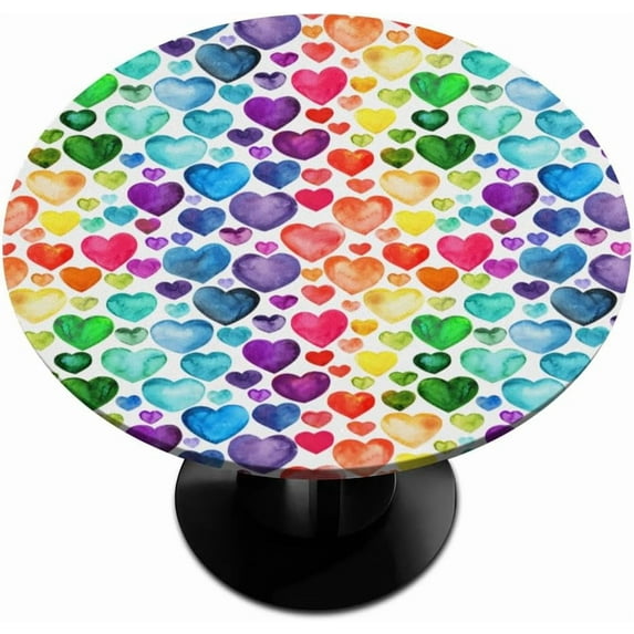 Round Tablecloth with Elastic Edged, Valentine''s Day Watercolor Heart Love Fitted Table Cover Wipeable Round Table Cloth for Indoor Outdoor Use Fits Tables up to 40-44 inch Diameter