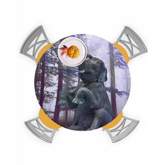 Round Tablecloth with Elastic Elephant in the Forest Waterproof Stain-proof Table Cover Wipeable Fitted Table Cloths for 45"-54" Round Tables Dining Kitchen
