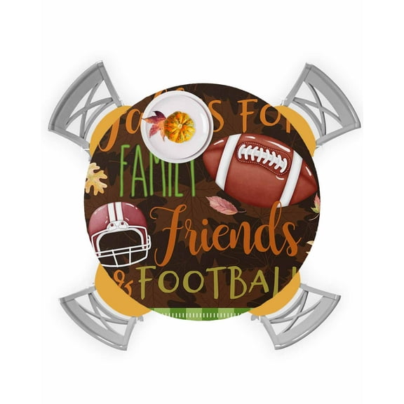 Round Tablecloth with Elastic Fall Football Retro Autumn Leaves Waterproof Stain-proof Table Cover Wipeable Fitted Table Cloths for 45"-54" Round Tables Dining Kitchen