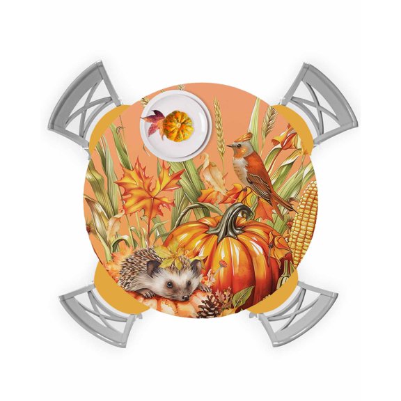 Round Tablecloth with Elastic Fall Thanksgiving Pumpkin Wheat Hedgehog Robin Orange Waterproof Stain-proof Table Cover Wipeable Fitted Table Cloths for 36"-44" Round Tables Dining Kitchen