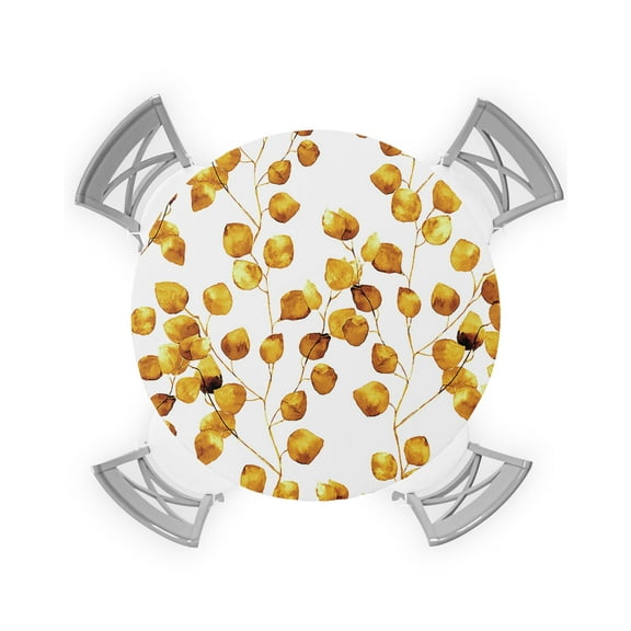 Round Tablecloth with Elastic Golden Gradient Leaves Waterproof Stain-proof Table Cover Wipeable Fitted Table Cloths for 45"-54" Round Tables Dining Kitchen