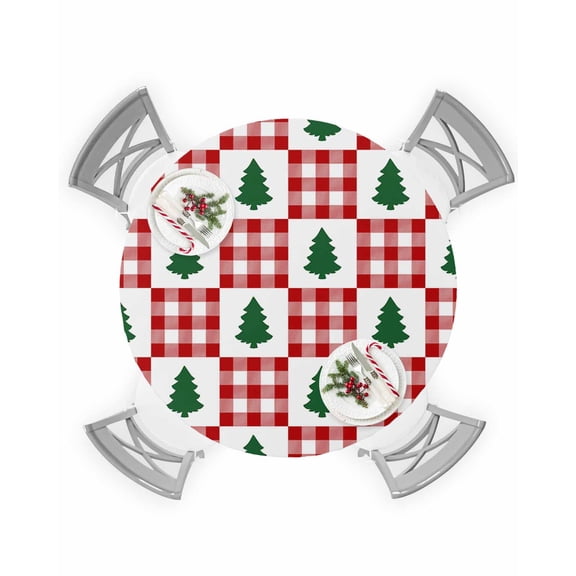 Round Tablecloth with Elastic Green Christmas Tree and Red Plaid Waterproof Stain-proof Table Cover Wipeable Fitted Table Cloths for 36"-44" Round Tables Dining Kitchen Indoor Outdoor Use
