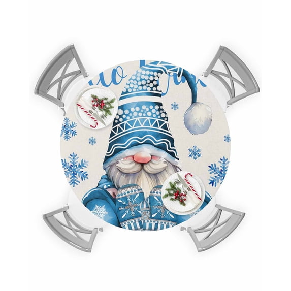 Round Tablecloth with Elastic Happy Winter Blue Gnome Snowflakes Waterproof Stain-proof Table Cover Wipeable Fitted Table Cloths for 55"-60" Round Tables Dining Kitchen Indoor Outdoor Use