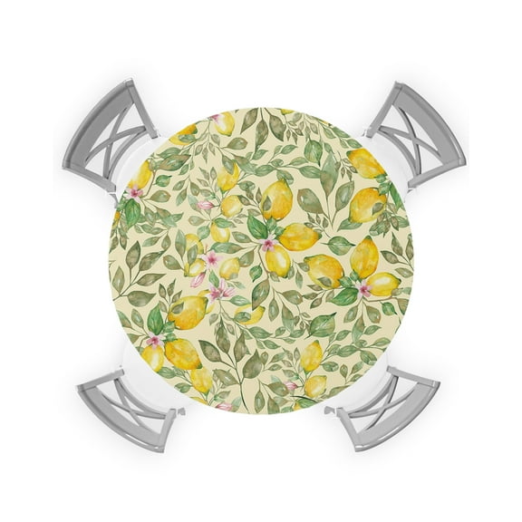 Round Tablecloth with Elastic Lemon Green Leaf Pink Flower Waterproof Stain-proof Table Cover Wipeable Fitted Table Cloths for 36"-44" Round Tables Dining Kitchen