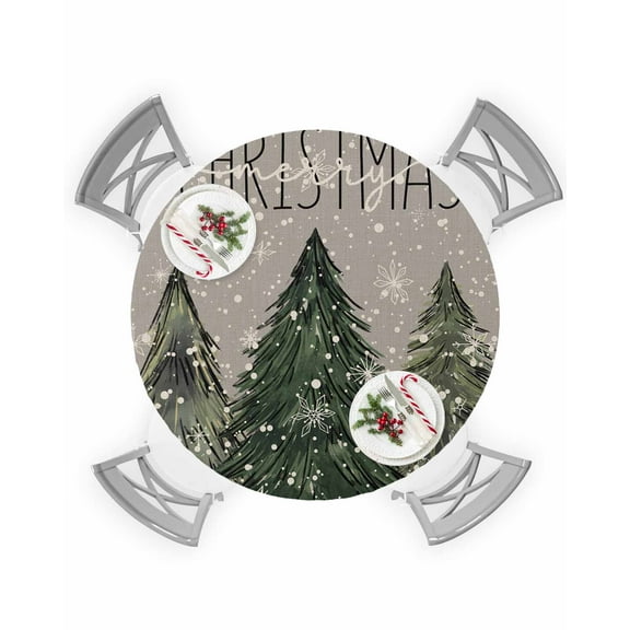 Round Tablecloth with Elastic Merry Chrismas Gray Snowflake Xmas Tree Waterproof Stain-proof Table Cover Wipeable Fitted Table Cloths for 36"-44" Round Tables Dining Kitchen Indoor Outdoor Use