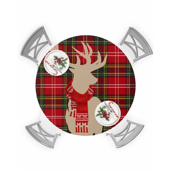 Round Tablecloth with Elastic Merry Christmas Deer Check Plaid Green and Red Waterproof Stain-proof Table Cover Wipeable Fitted Table Cloths for 36"-44" Round Tables Dining Kitchen Indoor Outdoor Use