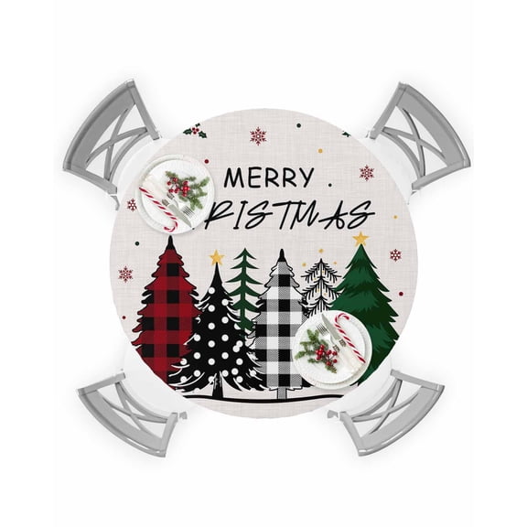 Round Tablecloth with Elastic Merry Christmas Green Black Xmas Tree Floral Border Waterproof Table Cover Wipeable Fitted Table Cloths for 45"-54" Round Tables Dining Kitchen Indoor Outdoor Use