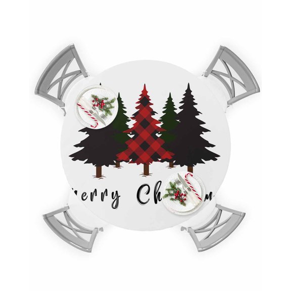 Round Tablecloth with Elastic Merry Christmas Red Checked Christmas Tree Waterproof Stain-proof Table Cover Wipeable Fitted Table Cloths for 45"-54" Round Tables Dining Kitchen Indoor Outdoor Use