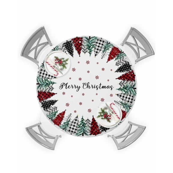 Round Tablecloth with Elastic Merry Christmas Red Green Black Christmas Tree Snowflake Waterproof Table Cover Wipeable Fitted Table Cloths for 45"-54" Round Tables Dining Kitchen Indoor Outdoor Use