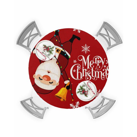 Round Tablecloth with Elastic Merry Christmas Santa Claus Hanging Upside Down Red Background Waterproof Table Cover Wipeable Fitted Table Cloths for 55"-60" Round Tables Dining Kitchen