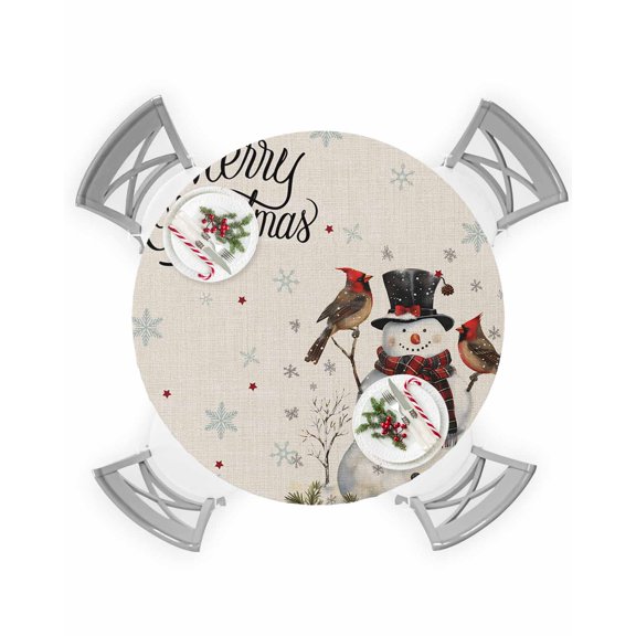 Round Tablecloth with Elastic Merry Christmas Snowflake Snowman Robin Bird Linen Texture Waterproof Table Cover Wipeable Fitted Table Cloths for 45"-54" Round Tables Dining Kitchen Indoor Outdoor Use