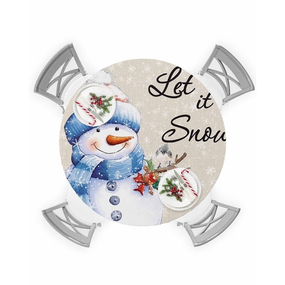 Round Tablecloth with Elastic Merry Christmas Snowman with Robin Waterproof Stain-proof Table Cover Wipeable Fitted Table Cloths for 36"-44" Round Tables Dining Kitchen Indoor Outdoor Use