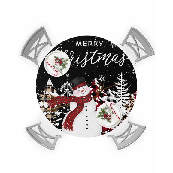 Round Tablecloth with Elastic Merry Christmas Snowman Xmas Tree Black Background Waterproof Table Cover Wipeable Fitted Table Cloths for 36"-44" Round Tables Dining Kitchen Indoor Outdoor Use