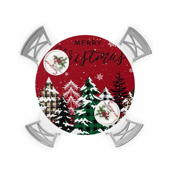 Round Tablecloth with Elastic Merry Christmas Winter Green Plaid Leopard Xmas Tree Red Waterproof Table Cover Wipeable Fitted Table Cloths for 36"-44" Round Tables Dining Kitchen Indoor Outdoor Use