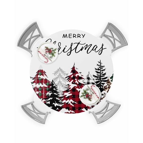 Round Tablecloth with Elastic Merry Christmas Winter Red Green Plaid Leopard Xmas Tree Waterproof Table Cover Wipeable Fitted Table Cloths for 36"-44" Round Tables Dining Kitchen Indoor Outdoor Use