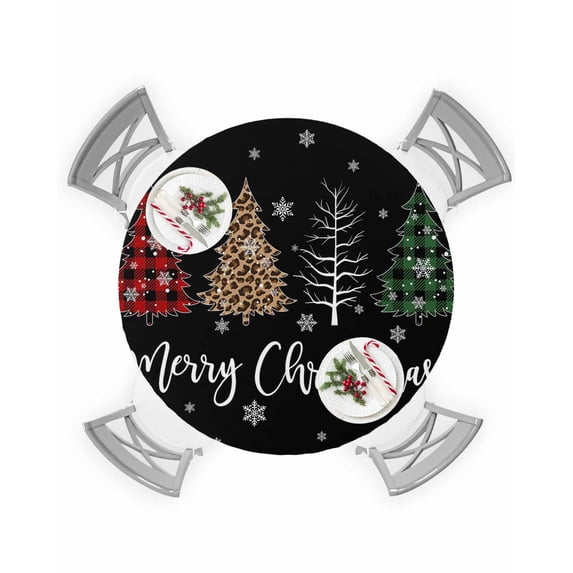 Round Tablecloth with Elastic Merry Christmas Xmas Tree Snowflake Black Waterproof Stain-proof Table Cover Wipeable Fitted Table Cloths for 55"-60" Round Tables Dining Kitchen Indoor Outdoor Use