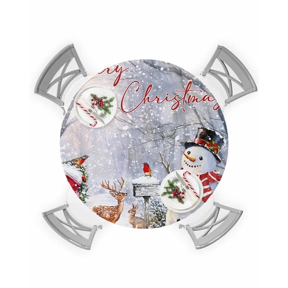 Round Tablecloth with Elastic Merry Christmas Xmas Tree Snowman Elk Winter Robin Bird Waterproof Table Cover Wipeable Fitted Table Cloths for 36"-44" Round Tables Dining Kitchen Indoor Outdoor Use