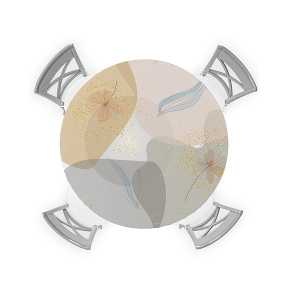 Round Tablecloth with Elastic Middle Ages Gradient Gold Flowers and Leaves Waterproof Stain-proof Table Cover Wipeable Fitted Table Cloths for 45"-54" Round Tables Dining Kitchen