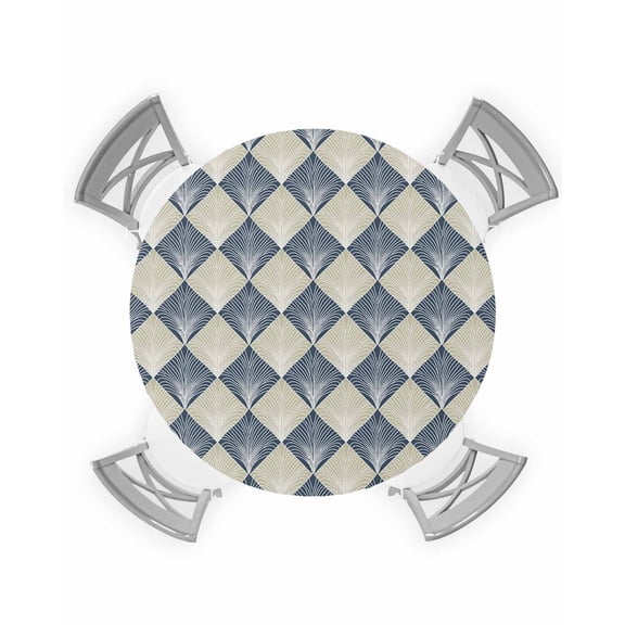 Round Tablecloth with Elastic Modern Abstract Geometric Blue Gold Vintage Feather Texture Waterproof Stain-proof Table Cover Wipeable Fitted Table Cloths for 36"-44" Round Tables Dining Kitchen
