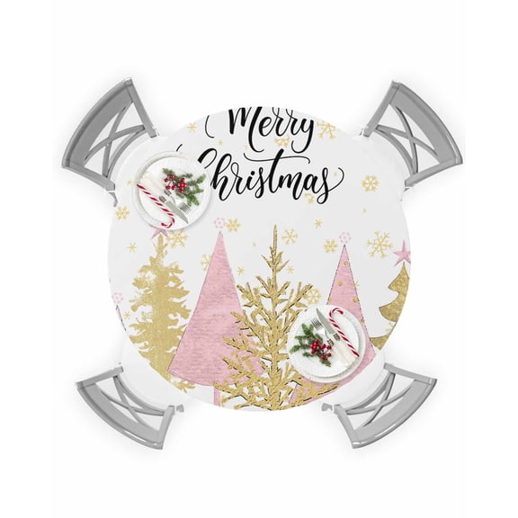 Round Tablecloth with Elastic Pink Gold Christmas Tree Winter Snowflake Waterproof Stain-proof Table Cover Wipeable Fitted Table Cloths for 36"-44" Round Tables Dining Kitchen Indoor Outdoor Use