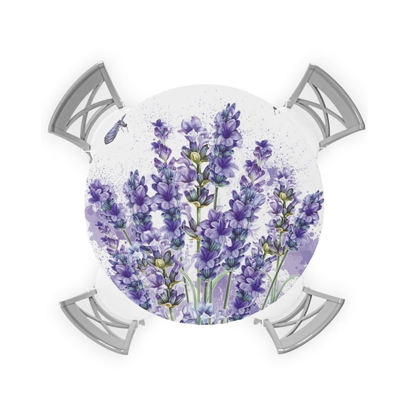 Round Tablecloth with Elastic Purple Lavender Dragonfly Waterproof Stain-proof Table Cover Wipeable Fitted Table Cloths for 55"-60" Round Tables Dining Kitchen