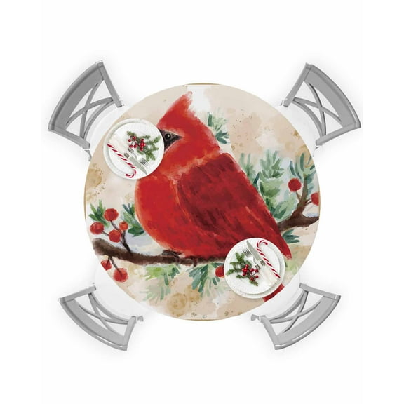 Round Tablecloth with Elastic Red Bird on Branch Watercolor Painting Red Grid Waterproof Table Cover Wipeable Fitted Table Cloths for 36"-44" Round Tables Dining Kitchen Indoor Outdoor Use