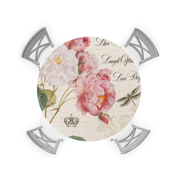 Round Tablecloth with Elastic Rose Flower Live Simply Laugh Often Waterproof Stain-proof Table Cover Wipeable Fitted Table Cloths for 36"-44" Round Tables Dining Kitchen