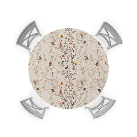 Round Tablecloth with Elastic Spring Chrysanthemum Bird Vintage Sackcloth Waterproof Stain-proof Table Cover Wipeable Fitted Table Cloths for 45"-54" Round Tables Dining Kitchen