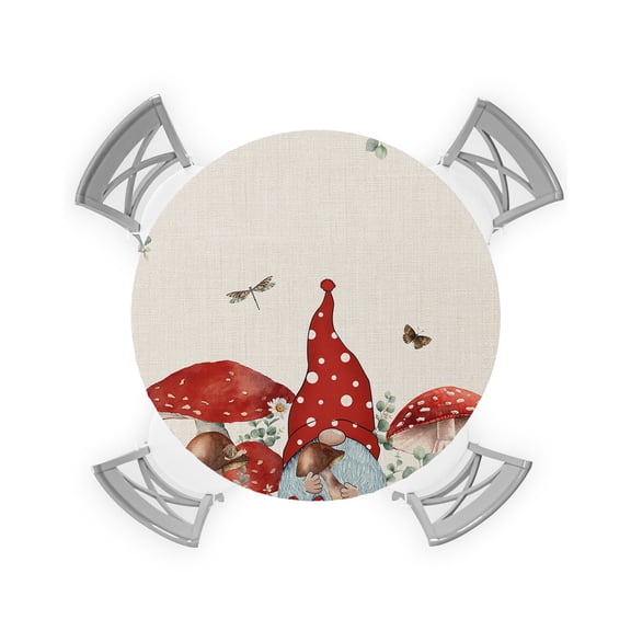 Round Tablecloth with Elastic Spring Red Gnome with Flowers and Leaves Burlap Texture Waterproof Stain-proof Table Cover Wipeable Fitted Table Cloths for 45"-54" Round Tables Dining Kitchen