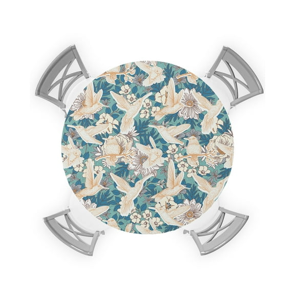 Round Tablecloth with Elastic Spring Seasonal Floral Birds and Leaf Chrysanthemum Flower Waterproof Stain-proof Table Cover Wipeable Fitted Table Cloths for 45"-54" Round Tables Dining Kitchen