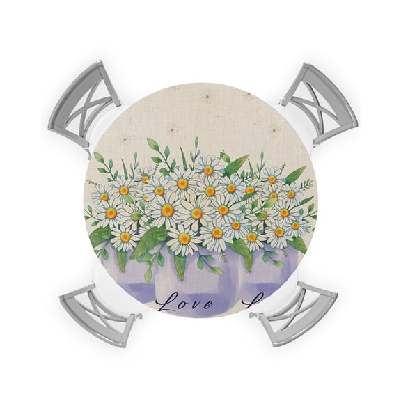 Round Tablecloth with Elastic Spring Summer Flowers Daisy Purple Plaid Waterproof Stain-proof Table Cover Wipeable Fitted Table Cloths for 36"-44" Round Tables Dining Kitchen