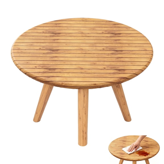 Round Tablecloth, Elastic Tablecloth Protector Wood Grain Effect with Elastic Edged Fitted Washable for Dining Room Kitchen Picnic Party(40-44 inch)