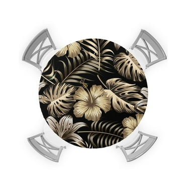 Round Tablecloth with Elastic Tropical Flowers Plants Golden Black Waterproof Stain-proof Table Cover Wipeable Fitted Table Cloths for 45"-54" Round Tables Dining Kitchen