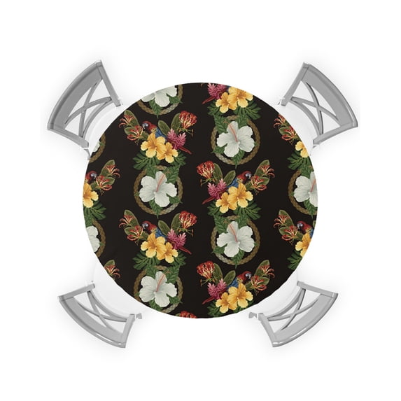 Round Tablecloth with Elastic Tropical Plant Flowers Parrot Red Ginger Flower Hibiscus Waterproof Stain-proof Table Cover Wipeable Fitted Table Cloths for 55"-60" Round Tables Dining Kitchen