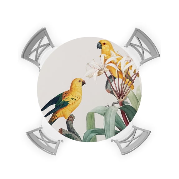 Round Tablecloth with Elastic Vintage Flowers and Parrots Birds Waterproof Stain-proof Table Cover Wipeable Fitted Table Cloths for 36"-44" Round Tables Dining Kitchen