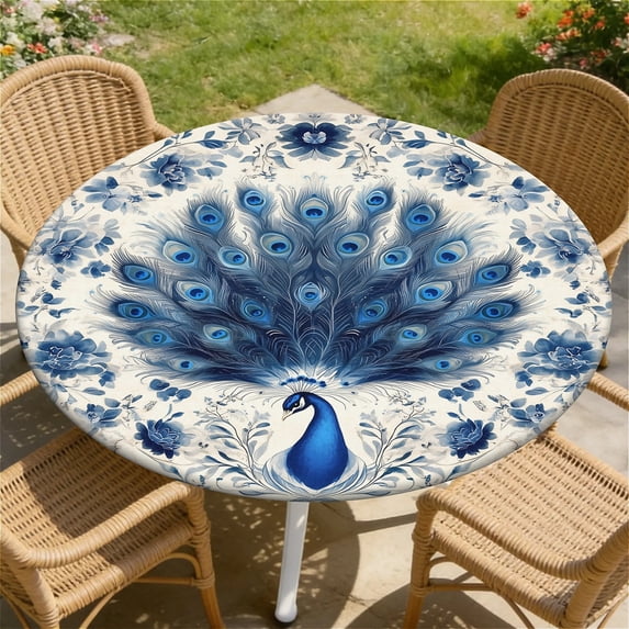 Round Tablecloth with Elastic Waterproof Table Cover for Up to 36"-65" Round Table, Oil Proof Circle Cover for Kitchen Dining Camping Picnic Party Holiday